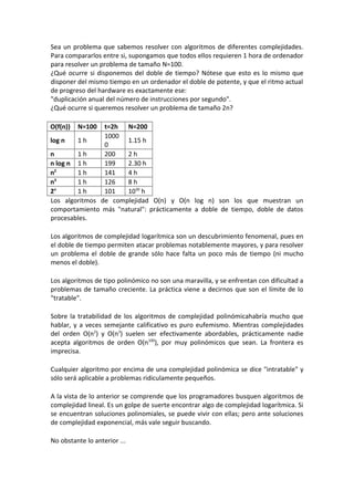 Sea un problema que sabemos resolver con algoritmos de diferentes complejidades.
Para compararlos entre si, supongamos que todos ellos requieren 1 hora de ordenador
para resolver un problema de tamaño N=100.
¿Qué ocurre si disponemos del doble de tiempo? Nótese que esto es lo mismo que
disponer del mismo tiempo en un ordenador el doble de potente, y que el ritmo actual
de progreso del hardware es exactamente ese:
"duplicación anual del número de instrucciones por segundo".
¿Qué ocurre si queremos resolver un problema de tamaño 2n?

O(f(n))   N=100 t=2h N=200
                1000
log n   1h            1.15 h
                0
n       1h      200   2h
n log n 1 h     199   2.30 h
n 2
        1h      141   4h
n 3
        1h      126   8h
2 n
        1h      101   1030 h
Los algoritmos de complejidad O(n) y O(n log n) son los que muestran un
comportamiento más "natural": prácticamente a doble de tiempo, doble de datos
procesables.

Los algoritmos de complejidad logarítmica son un descubrimiento fenomenal, pues en
el doble de tiempo permiten atacar problemas notablemente mayores, y para resolver
un problema el doble de grande sólo hace falta un poco más de tiempo (ni mucho
menos el doble).

Los algoritmos de tipo polinómico no son una maravilla, y se enfrentan con dificultad a
problemas de tamaño creciente. La práctica viene a decirnos que son el límite de lo
"tratable".

Sobre la tratabilidad de los algoritmos de complejidad polinómicahabría mucho que
hablar, y a veces semejante calificativo es puro eufemismo. Mientras complejidades
del orden O(n2) y O(n3) suelen ser efectivamente abordables, prácticamente nadie
acepta algoritmos de orden O(n100), por muy polinómicos que sean. La frontera es
imprecisa.

Cualquier algoritmo por encima de una complejidad polinómica se dice "intratable" y
sólo será aplicable a problemas ridiculamente pequeños.

A la vista de lo anterior se comprende que los programadores busquen algoritmos de
complejidad lineal. Es un golpe de suerte encontrar algo de complejidad logarítmica. Si
se encuentran soluciones polinomiales, se puede vivir con ellas; pero ante soluciones
de complejidad exponencial, más vale seguir buscando.

No obstante lo anterior ...
 