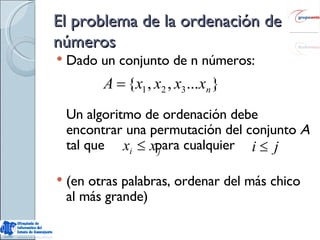 El problema de la ordenación de números Dado un conjunto de n números: Un algoritmo de ordenación debe encontrar una permutación del conjunto  A  tal que  para cualquier  (en otras palabras, ordenar del más chico al más grande) 