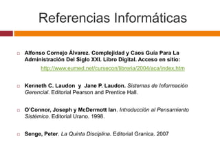 Referencias Informáticas
 Alfonso Cornejo Álvarez. Complejidad y Caos Guía Para La
Administración Del Siglo XXI. Libro Digital. Acceso en sitio:
http://www.eumed.net/cursecon/libreria/2004/aca/index.htm
 Kenneth C. Laudon y Jane P. Laudon. Sistemas de Información
Gerencial. Editorial Pearson and Prentice Hall.
 O’Connor, Joseph y McDermott Ian. Introducción al Pensamiento
Sistémico. Editorial Urano. 1998.
 Senge, Peter. La Quinta Disciplina. Editorial Granica. 2007
 