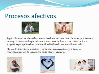 Procesos afectivos
Según el autor Humberto Maturana, la educación es un acto de amor, por lo tanto
es muy recomendable que este amor se exprese de forma concreta en actos y
lenguajes que apelan directamente al individuo de manera diferenciada.
El establecimiento de matrices relacionales sanas contribuye a la mejor
conceptualización de los objetos hasta el nivel vivencial.
 