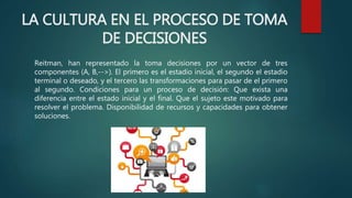 LA CULTURA EN EL PROCESO DE TOMA
DE DECISIONES
Reitman, han representado la toma decisiones por un vector de tres
componentes (A, B,-->). El primero es el estadio inicial, el segundo el estadio
terminal o deseado, y el tercero las transformaciones para pasar de el primero
al segundo. Condiciones para un proceso de decisión: Que exista una
diferencia entre el estado inicial y el final. Que el sujeto este motivado para
resolver el problema. Disponibilidad de recursos y capacidades para obtener
soluciones.
 