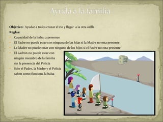 Objetivo:  Ayudar a todos cruzar el río y llegar  a la otra orilla Reglas: Capacidad de la balsa: 2 personas  El Padre no puede estar con ninguna de las hijas si la Madre no esta presente La Madre no puede estar con ninguno de los hijos si el Padre no esta presente El Ladrón no puede estar con  ningún miembro de la familia  sin la presencia del Policía  Solo el Padre, la Madre y el Policía saben como funciona la balsa  