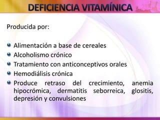 Producida por:
Alimentación a base de cereales
Alcoholismo crónico
Tratamiento con anticonceptivos orales
Hemodiálisis crónica
Produce retraso del crecimiento, anemia
hipocrómica, dermatitis seborreica, glositis,
depresión y convulsiones
 