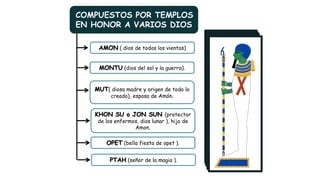 COMPUESTOS POR TEMPLOS
EN HONOR A VARIOS DIOS
AMON ( dios de todos los vientos)
MONTU (dios del sol y la guerra).
MUT( diosa madre y origen de todo lo
creado), esposa de Amón.
KHON SU o JON SUN (protector
de los enfermos, dios lunar ), hijo de
Amon.
OPET (bella fiesta de opet ).
PTAH (señor de la magia ).
 