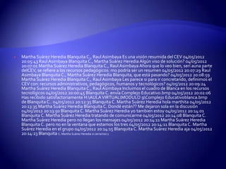    Martha Suárez Heredia Blanquita C., Raul Asimbaya Es una visión resumida del CEV 04/05/2012
    20:05:43 Raul Asimbaya Blanquita C., Martha Suárez Heredia Algún viso de solución? 04/05/2012
    20:07:01 Martha Suárez Heredia Blanquita C., Raul Asimbaya Ahora que lo veo bien, serí auna parte
    delCEV, se refiere a los recursos pedagógicos: mo podría ser un resumen 04/05/2012 20:07:29 Raul
    Asimbaya Blanquita C., Martha Suárez Heredia Blanquita, que está pasando? 04/05/2012 20:08:59
    Martha Suárez Heredia Blanquita C., Raul Asimbaya Les parece si para ir concretando, definimos el
    CEV con: recursos administrativos, pedagógicos, humanos y tecnológicos? 04/05/2012 20:09:24
    Martha Suárez Heredia Blanquita C., Raul Asimbaya Incluimos el cuadro de Blanca en los recursos
    tecnolígicos 04/05/2012 20:00:45 Blanquita C. envía Complejo Educativo.bmp 04/05/2012 20:02:06
    Has recibido satisfactoriamente H:AULA VIRTUALMODULO 9Complejo Educativoblanca.bmp
    de Blanquita C.. 04/05/2012 20:12:35 Blanquita C. Martha Suárez Heredia hola marthita 04/05/2012
    20:13:35 Martha Suárez Heredia Blanquita C. Dondé están?? Me dejaron sola en la discusión
    04/05/2012 20:13:50 Blanquita C. Martha Suárez Heredia yo tambien estoy 04/05/2012 20:14:01
    Blanquita C. Martha Suárez Heredia tratando de comunicarme 04/05/2012 20:14:08 Blanquita C.
    Martha Suárez Heredia pero no llegan los mensajes 04/05/2012 20:14:11 Martha Suárez Heredia
    Blanquita C. pero no en la ventana que estamos los tres 04/05/2012 20:14:11 Blanquita C. Martha
    Suárez Heredia en el grupo 04/05/2012 20:14:15 Blanquita C. Martha Suárez Heredia aja 04/05/2012
    20:14:23 Blanquita C. Martha Suárez Heredia si cerramos y
 