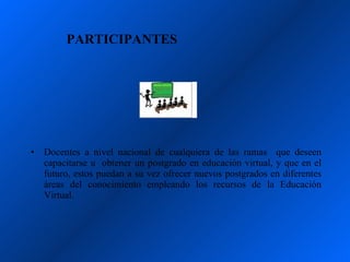 PARTICIPANTES




•   Docentes a nivel nacional de cualquiera de las ramas que deseen
    capacitarse u obtener un postgrado en educación virtual, y que en el
    futuro, estos puedan a su vez ofrecer nuevos postgrados en diferentes
    áreas del conocimiento empleando los recursos de la Educación
    Virtual.
 
