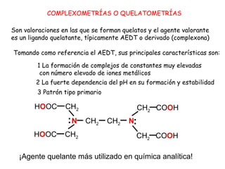 COMPLEXOMETRÍAS O QUELATOMETRÍAS
Son valoraciones en las que se forman quelatos y el agente valorante
es un ligando quelatante, típicamente AEDT o derivado (complexona)
Tomando como referencia el AEDT, sus principales características son:
1 La formación de complejos de constantes muy elevadas
con número elevado de iones metálicos
2 La fuerte dependencia del pH en su formación y estabilidad
3 Patrón tipo primario

HOOC

CH2

:N
HOOC

CH2

CH2 COOH
CH2

CH2

N:
CH2 COOH

¡Agente quelante más utilizado en química analítica!

 