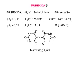 MUREXIDA (I)
MUREXIDA:

H4In-

pK2 = 9.2

H3In- 2 Violeta

pK3 = 10.9

H2In- 3 Azul

Rojo- Violeta

MIn Amarillo
( Co+2 , Ni+2 , Cu+2)

Murexida (H4In-)

Rojo (Ca+2)

 