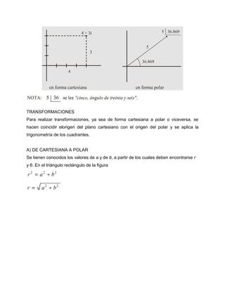 TRANSFORMACIONES
Para realizar transformaciones, ya sea de forma cartesiana a polar o viceversa, se
hacen coincidir elorigen del plano cartesiano con el origen del polar y se aplica la
trigonometría de los cuadrantes.
A) DE CARTESIANA A POLAR
Se tienen conocidos los valores de a y de b, a partir de los cuales deben encontrarse r
y θ. En el triángulo rectángulo de la figura
 