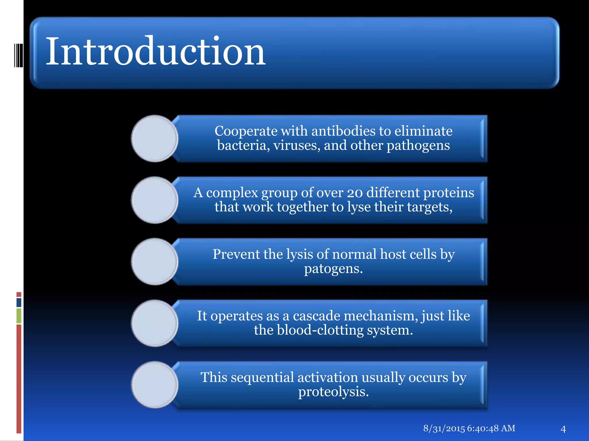 Introduction
Cooperate with antibodies to eliminate
bacteria, viruses, and other pathogens
A complex group of over 20 different proteins
that work together to lyse their targets,
Prevent the lysis of normal host cells by
patogens.
It operates as a cascade mechanism, just like
the blood-clotting system.
This sequential activation usually occurs by
proteolysis.
8/31/2015 6:40:48 AM 4
 