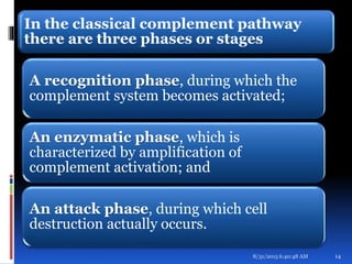 In the classical complement pathway
there are three phases or stages
A recognition phase, during which the
complement system becomes activated;
An enzymatic phase, which is
characterized by amplification of
complement activation; and
An attack phase, during which cell
destruction actually occurs.
8/31/2015 6:40:48 AM 14
 