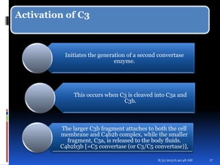 Activation of C3
Initiates the generation of a second convertase
enzyme.
This occurs when C3 is cleaved into C3a and
C3b.
The larger C3b fragment attaches to both the cell
membrane and C4b2b complex, while the smaller
fragment, C3a, is released to the body fluids.
C4b2b3b [=C5 convertase (or C3/C5 convertase)],
8/31/2015 6:40:48 AM 17
 