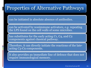 Properties of Alternative Pathways
can be initiated in absolute absence of antibodies.
can be activated by nonimmune activators, e.g. repeating
the LPS found on the cell walls of some microbes.
has substitutes for the early acting C1, C4, and C2
components against classical pathway.
Therefore, it can directly initiate the reactions of the late-
acting C3-C9 components.
It also provides an immediate line of defence that does not
require immunological memory.
8/31/2015 6:40:49 AM 29
 