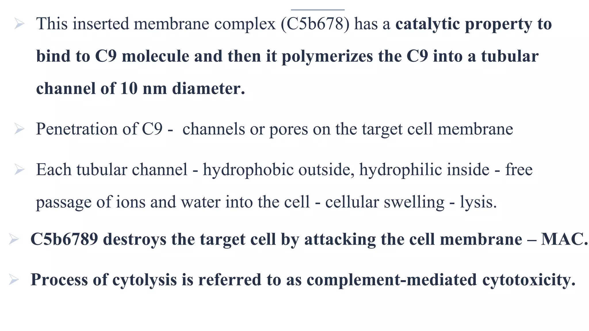 15
 This inserted membrane complex (C5b678) has a catalytic property to
bind to C9 molecule and then it polymerizes the C9 into a tubular
channel of 10 nm diameter.
 Penetration of C9 - channels or pores on the target cell membrane
 Each tubular channel - hydrophobic outside, hydrophilic inside - free
passage of ions and water into the cell - cellular swelling - lysis.
 C5b6789 destroys the target cell by attacking the cell membrane – MAC.
 Process of cytolysis is referred to as complement-mediated cytotoxicity.
 
