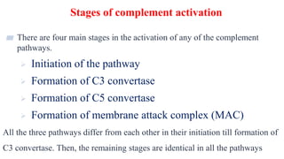 Stages of complement activation
9
▰ There are four main stages in the activation of any of the complement
pathways.
 Initiation of the pathway
 Formation of C3 convertase
 Formation of C5 convertase
 Formation of membrane attack complex (MAC)
All the three pathways differ from each other in their initiation till formation of
C3 convertase. Then, the remaining stages are identical in all the pathways
 