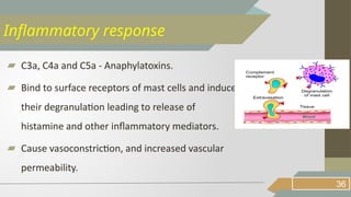 ▰ C3a, C4a and C5a - Anaphylatoxins.
▰ Bind to surface receptors of mast cells and induce
their degranulation leading to release of
histamine and other inflammatory mediators.
▰ Cause vasoconstriction, and increased vascular
permeability.
36
Inflammatory response
 