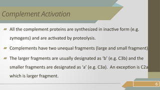 ▰ All the complement proteins are synthesized in inactive form (e.g.
zymogens) and are activated by proteolysis.
▰ Complements have two unequal fragments (large and small fragment).
▰ The larger fragments are usually designated as ‘b’ (e.g. C3b) and the
smaller fragments are designated as ‘a’ (e.g. C3a). An exception is C2a
which is larger fragment.
6
Complement Activation
 