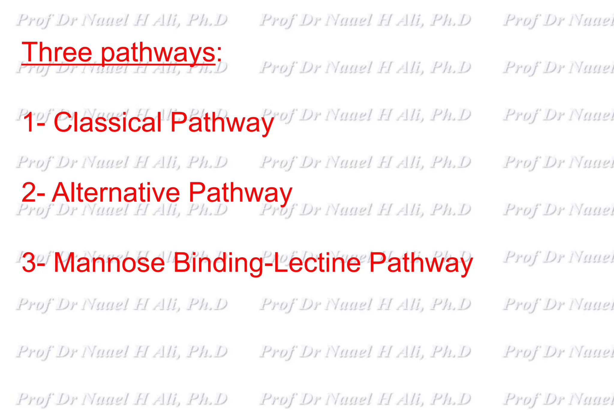 Three pathways:
1- Classical Pathway
2- Alternative Pathway
3- Mannose Binding-Lectine Pathway
 