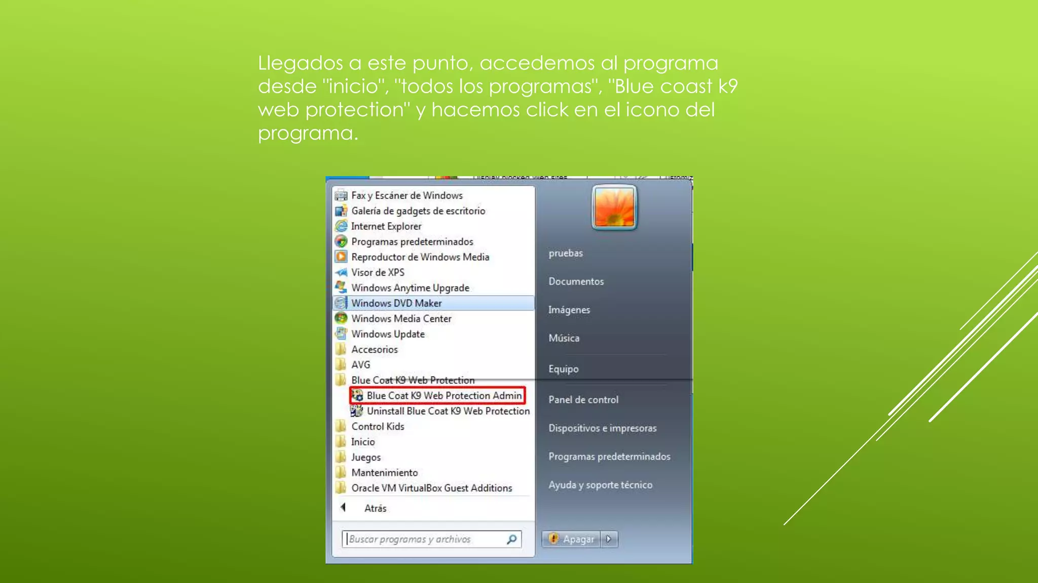 Llegados a este punto, accedemos al programa
desde "inicio", "todos los programas", "Blue coast k9
web protection" y hacemos click en el icono del
programa.
 