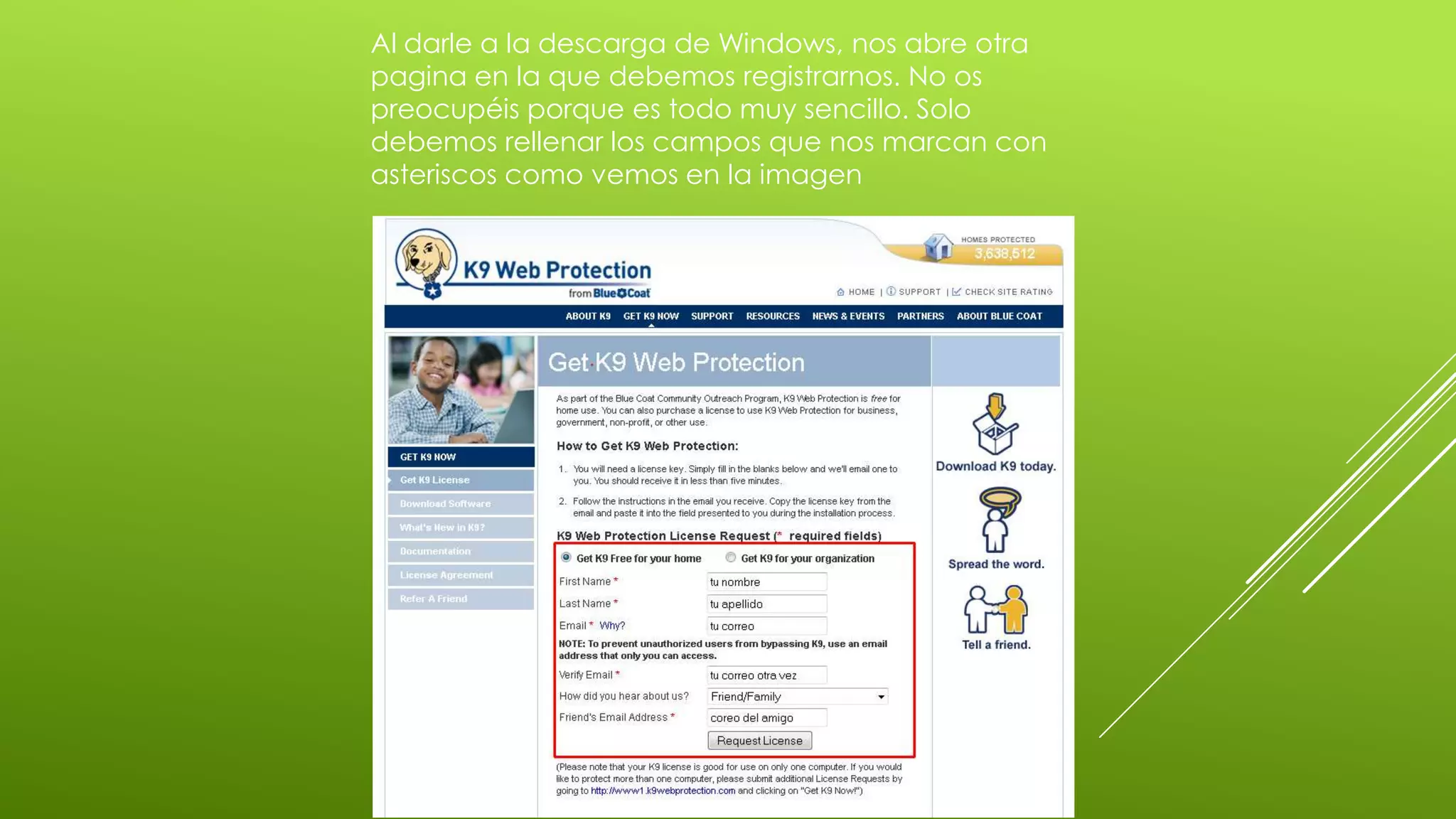 Al darle a la descarga de Windows, nos abre otra
pagina en la que debemos registrarnos. No os
preocupéis porque es todo muy sencillo. Solo
debemos rellenar los campos que nos marcan con
asteriscos como vemos en la imagen
 