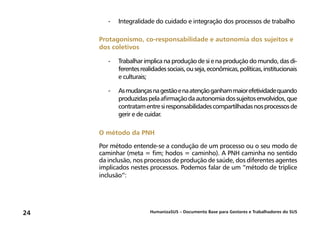 HumanizaSUS – Documento Base para Gestores e Trabalhadores do SUS24
-	Integralidade do cuidado e integração dos processos de trabalho
Protagonismo, co-responsabilidade e autonomia dos sujeitos e
dos coletivos
-	Trabalhar implica na produção de si e na produção do mundo, das di-
ferentesrealidadessociais,ouseja,econômicas,políticas,institucionais
e culturais;
-	Asmudançasnagestãoenaatençãoganhammaiorefetividadequando
produzidaspelaafirmaçãodaautonomiadossujeitosenvolvidos,que
contratamentresiresponsabilidadescompartilhadasnosprocessosde
gerir e de cuidar.
O método da PNH
Por método entende-se a condução de um processo ou o seu modo de
caminhar (meta = fim; hodos = caminho). A PNH caminha no sentido
da inclusão, nos processos de produção de saúde, dos diferentes agentes
implicados nestes processos. Podemos falar de um “método de tríplice
inclusão”:
 