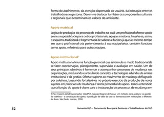 HumanizaSUS – Documento Base para Gestores e Trabalhadores do SUS52
forma do acolhimento, da atenção dispensada ao usuário, da interação entre os
trabalhadores e gestores. Devem-se destacar também os componentes culturais
e regionais que determinam os valores do ambiente.
Apoio matricial
Lógicadeproduçãodoprocessodetrabalhonaqualumprofissionalofereceapoio
emsuaespecialidadeparaoutrosprofissionais,equipesesetores.Inverte-se,assim,
oesquematradicionalefragmentadodesaberesefazeresjáqueaomesmotempo
em que o profissional cria pertencimento à sua equipe/setor, também funciona
como apoio, referência para outras equipes.
Apoio institucional1
2
Apoio institucional é uma função gerencial que reformula o modo tradicional de
se fazer coordenação, planejamento, supervisão e avaliação em saúde. Um de
seus principais objetivos é fomentar e acompanhar processos de mudança nas
organizações,misturandoearticulandoconceitosetecnologiasadvindasdaanálise
institucional e da gestão. Ofertar suporte ao movimento de mudança deflagrado
por coletivos, buscando fortalecê-los no próprio exercício da produção de novos
sujeitos em processos de mudança é tarefa primordial do apoio. Temos entendido
que a função do apoio é chave para a instauração de processos de mudança em
1 Para maiores detalhes consultar. CAMPOS, Gastão Wagner de Sousa. Um método para análise e co-gestão
de coletivos – a construção do sujeito, a produção de valor de uso e a democracia em instituições: o Método
da Roda. São Paulo: Hucitec, 2000.
 