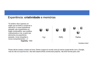 Experiência: criatividade e memórias
"O cérebro não é apenas um
órgão que se limita a conservar e
reproduzir a nossa experiência
passada, ele é igualmente um
órgão combinatório, que modifica
criativamente e cria, a partir dos
elementos da experiência
passada, novas situações e
novos comportamentos. (..)”
Vygotsky, 1930
“Everything is a Remix”
Posso até ter acesso a todos os livros, filmes e jogos do mundo como já vamos quase tendo com o Google,
mas se não os experienciar, não terei desenvolvido constructos próprios, não terei formas para criar.
 