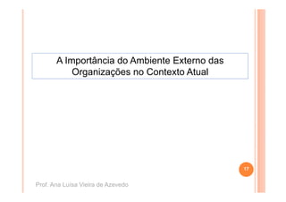 A Importância do Ambiente Externo das
           Organizações no Contexto Atual




                                               17


Prof. Ana Luísa Vieira de Azevedo
 