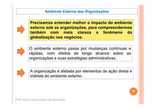 Ambiente Externo das Organizações


         Precisamos entender melhor o impacto do ambiente
         externo sob as organizações, para compreendermos
         também com mais clareza o fenômeno da
         globalização nos negócios.

         O ambiente externo passa por mudanças contínuas e
         rápidas, com efeitos de longo alcance sobre as
         organizações e suas estratégias administrativas.


         A organização é afetada por elementos de ação direta e
         indireta do ambiente externo.


                                                              20


Prof. Ana Luísa Vieira de Azevedo
 