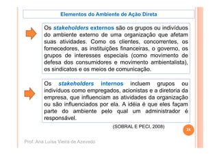 Elementos do Ambiente de Ação Direta

         Os stakeholders externos são os grupos ou indivíduos
         do ambiente externo de uma organização que afetam
         suas atividades Como os clientes concorrentes os
               atividades.            clientes, concorrentes,
         fornecedores, as instituições financeiras, o governo, os
         grupos de interesses especiais (como movimento de
         defesa dos consumidores e movimento ambientalista),
         os sindicatos e os meios de comunicação.

         Os stakeholders internos incluem grupos ou
         indivíduos como empregados, acionistas e a diretoria da
         empresa, que influenciam as atividades da organização
                         f
         ou são influenciados por ela. A idéia é que eles façam
         parte do ambiente pelo qual um administrador é
         responsável.
                                    (SOBRAL E PECI, 2008)
                                                                24


Prof. Ana Luísa Vieira de Azevedo
 