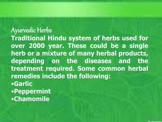National Center for Complementary
and Alternative Medicine
10/5/2023
C. Matthews RN, MSN
M. Elias RN, MSN SP11 22
AyurvedicHerbs
Traditional Hindu system of herbs used for
over 2000 year. These could be a single
herb or a mixture of many herbal products,
depending on the diseases and the
treatment required. Some common herbal
remedies include the following:
•Garlic
•Peppermint
•Chamomile
 