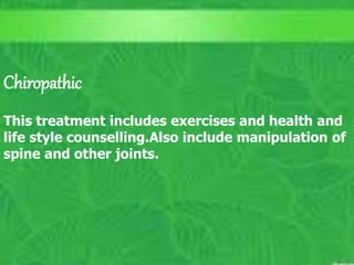 C. Matthews RN, MSN
M. Elias RN, MSN SP11 25
Relaxation
 Used post-operatively (Ignatavicius, p. 299)
 Relaxation techniques (Ignatavicius, p. 56-57)
– To reduce anxiety, tension & emotional
tension which can exacerbate pain
 Relaxation (Wilkinson Vol 2, p. 967; Vol 1, pg 806-807)
 Progressive muscle relaxation (PMR)
(Wilkinson p. 807)
 Promoting sleep
 Can be taught in home setting
 Nurses can use for reduction of pain & stress.
Unit outcomes #1-5
Chiropathic
This treatment includes exercises and health and
life style counselling.Also include manipulation of
spine and other joints.
 