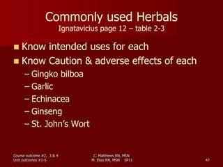 C. Matthews RN, MSN
M. Elias RN, MSN SP11 47
Commonly used Herbals
Ignatavicius page 12 – table 2-3
 Know intended uses for each
 Know Caution & adverse effects of each
– Gingko bilboa
– Garlic
– Echinacea
– Ginseng
– St. John’s Wort
Course outcome #2, 3 & 4
Unit outcomes #1-5
 