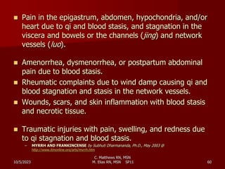  Pain in the epigastrum, abdomen, hypochondria, and/or
heart due to qi and blood stasis, and stagnation in the
viscera and bowels or the channels (jing) and network
vessels (luo).
 Amenorrhea, dysmenorrhea, or postpartum abdominal
pain due to blood stasis.
 Rheumatic complaints due to wind damp causing qi and
blood stagnation and stasis in the network vessels.
 Wounds, scars, and skin inflammation with blood stasis
and necrotic tissue.
 Traumatic injuries with pain, swelling, and redness due
to qi stagnation and blood stasis.
– MYRRH AND FRANKINCENSE by Subhuti Dharmananda, Ph.D., May 2003 @
http://www.itmonline.org/arts/myrrh.htm
10/5/2023
C. Matthews RN, MSN
M. Elias RN, MSN SP11 60
 