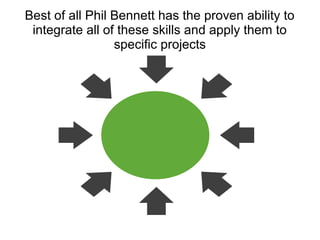 Best of all Phil Bennett has the proven ability to
 integrate all of these skills and apply them to
                 specific projects
 