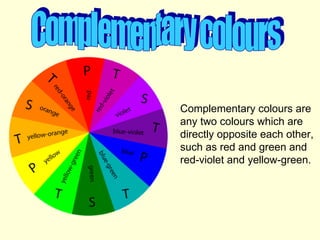 Complementary colours Complementary colours are any two colours which are directly opposite each other, such as red and green and red-violet and yellow-green.   