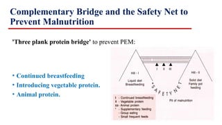Complementary Bridge and the Safety Net to
Prevent Malnutrition
'Three plank protein bridge' to prevent PEM:
• Continued breastfeeding
• Introducing vegetable protein.
• Animal protein.
 