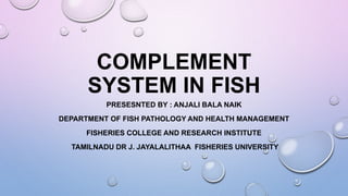 COMPLEMENT
SYSTEM IN FISH
PRESESNTED BY : ANJALI BALA NAIK
DEPARTMENT OF FISH PATHOLOGY AND HEALTH MANAGEMENT
FISHERIES COLLEGE AND RESEARCH INSTITUTE
TAMILNADU DR J. JAYALALITHAA FISHERIES UNIVERSITY
 