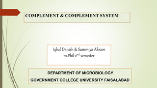 COMPLEMENT & COMPLEMENT SYSTEM
DEPARTMENT OF MICROBIOLOGY
GOVERNMENT COLLEGE UNIVERSITY FAISALABAD
Iqbal Danish & Summiya Akram
m.Phil 2nd semester
 