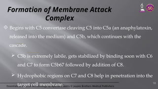 Essentials of Medical Microbiology by Apurba S Sastry © Jaypee Brothers Medical Publishers
Formation of Membrane Attack
Complex
 Begins with C5 convertase cleaving C5 into C5a (an anaphylatoxin,
released into the medium) and C5b, which continues with the
cascade.
 C5b is extremely labile, gets stabilized by binding soon with C6
and C7 to form C5b67 followed by addition of C8.
 Hydrophobic regions on C7 and C8 help in penetration into the
target cell membrane. 18
 