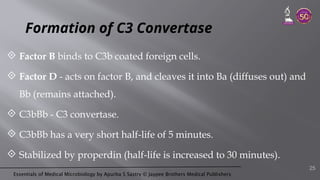 Essentials of Medical Microbiology by Apurba S Sastry © Jaypee Brothers Medical Publishers
Formation of C3 Convertase
 Factor B binds to C3b coated foreign cells.
 Factor D - acts on factor B, and cleaves it into Ba (diffuses out) and
Bb (remains attached).
 C3bBb - C3 convertase.
 C3bBb has a very short half-life of 5 minutes.
 Stabilized by properdin (half-life is increased to 30 minutes).
25
 