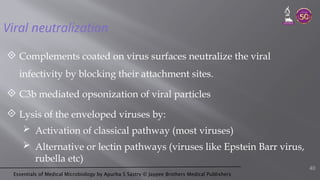 Essentials of Medical Microbiology by Apurba S Sastry © Jaypee Brothers Medical Publishers
Viral neutralization
 Complements coated on virus surfaces neutralize the viral
infectivity by blocking their attachment sites.
 C3b mediated opsonization of viral particles
 Lysis of the enveloped viruses by:
 Activation of classical pathway (most viruses)
 Alternative or lectin pathways (viruses like Epstein Barr virus,
rubella etc)
40
 