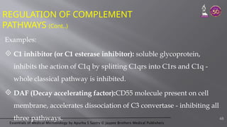 Essentials of Medical Microbiology by Apurba S Sastry © Jaypee Brothers Medical Publishers
REGULATION OF COMPLEMENT
PATHWAYS (Cont..)
Examples:
 C1 inhibitor (or C1 esterase inhibitor): soluble glycoprotein,
inhibits the action of C1q by splitting C1qrs into C1rs and C1q -
whole classical pathway is inhibited.
 DAF (Decay accelerating factor):CD55 molecule present on cell
membrane, accelerates dissociation of C3 convertase - inhibiting all
three pathways. 48
 