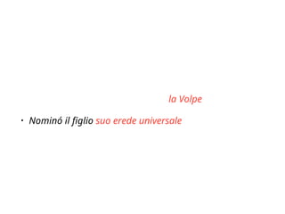 Pred. oggetto
• Gli stessi verbi che al passivo reggono il compl. pred.
del sogg. all´attivo reggono il pred. dell’ogg.
• Gli amici lo soprannominarono la Volpe
• Nominó il figlio suo erede universale
• Spesso sono introdotti da prep. avv. e locuzioni
preposizionali: a, da, in, per, come, quale, in qualità
di, in conto di, ecc…
• lo assunse in qualitá di segretario
 