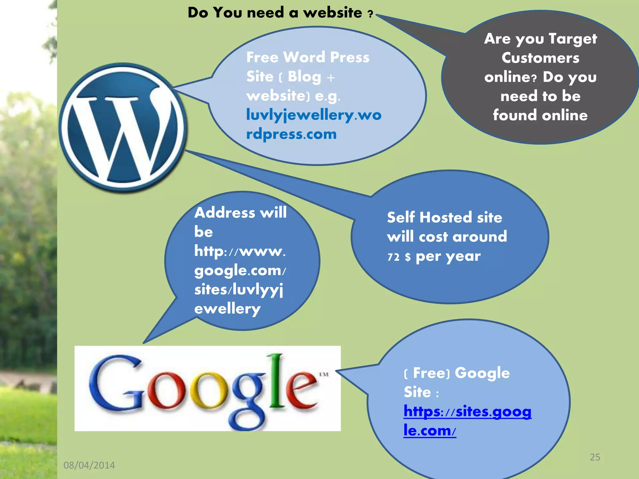 08/04/2014
25
Do You need a website ?
Are you Target
Customers
online? Do you
need to be
found online
Free Word Press
Site ( Blog +
website) e.g.
luvlyjewellery.wo
rdpress.com
Self Hosted site
will cost around
72 $ per year
( Free) Google
Site :
https://sites.goog
le.com/
Address will
be
http://www.
google.com/
sites/luvlyyj
ewellery
 