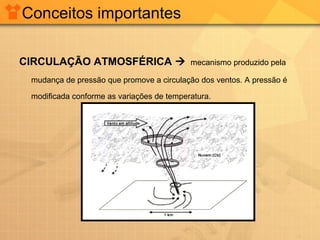 Conceitos importantes
CIRCULAÇÃO ATMOSFÉRICA  mecanismo produzido pela
mudança de pressão que promove a circulação dos ventos. A pressão é
modificada conforme as variações de temperatura.
 