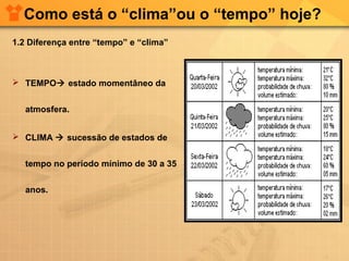 Como está o “clima”ou o “tempo” hoje?
1.2 Diferença entre “tempo” e “clima”
 TEMPO estado momentâneo da
atmosfera.
 CLIMA  sucessão de estados de
tempo no período mínimo de 30 a 35
anos.
 