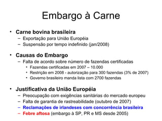Embargo à Carne Carne bovina brasileira Exportação para União Européia Suspensão por tempo indefinido (jan/2008) Causas do Embargo Falta de acordo sobre número de fazendas certificadas Fazendas certificadas em 2007 – 10.000 Restrição em 2008 - autorização para 300 fazendas (3% de 2007) Governo brasileiro manda lista com 2700 fazendas Justificativa da União Européia Preocupação com exigências sanitárias do mercado europeu Falta de garantia de rastreabilidade (outubro de 2007) Reclamações de irlandeses com concorrência brasileira Febre aftosa  (embargo à SP, PR e MS desde 2005) 
