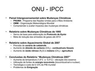 ONU - IPCC Painel Intergovernamental sobre Mudanças Climáticas PNUMA  - Programa das Nações Unidas para o Meio Ambiente OMM  - Organização Meteorológica Mundial Compreender e avaliar impactos das mudanças climáticas Relatório sobre Mudanças Climáticas de 1995 Serviu de base para elaboração do  Protocolo de Kyoto Meta de redução das emissões de gases até 2012 Relatório sobre Aquecimento Global de 2007 Previsão de  cenário de catástrofe Aumento de  dióxido de carbono  (CO 2 ) -  combustíveis fósseis Aumento de  óxido nitroso  (N 2 O) e  metano  (CH 4 ) -  agricultura Conclusões do Relatório “Mudanças Climáticas 2007” Aumento da temperatura (1,8°C  a  4,0°C) – elevação dos oceanos Utilização de fontes de  energia renováveis  (biocombustível e nuclear) Tecnologia e custo de 0,12% do PIB mundial Problemas de  Emigração 