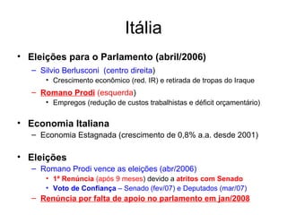 Itália Eleições para o Parlamento (abril/2006) Silvio Berlusconi  (centro direita )  Crescimento econômico (red. IR) e retirada de tropas do Iraque Romano Prodi  (esquerda )  Empregos (redução de custos trabalhistas e déficit orçamentário) Economia Italiana Economia Estagnada (crescimento de 0,8% a.a. desde 2001) Eleições Romano Prodi vence as eleições (abr/2006) 1ª Renúncia  (após 9 meses ) devido a  atritos com Senado Voto de Confiança  – Senado (fev/07) e Deputados (mar/07) Renúncia por falta de apoio no parlamento em jan/2008 